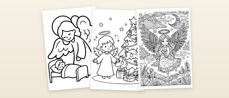 Ausmalbilder Engel: Schutzengel mit Kind, Engel am Weihnachtsbaum und Engel mit gemusterten Flügeln