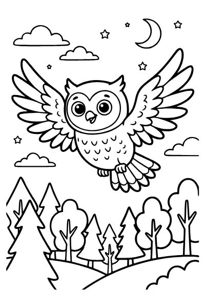 Ausmalbild Eule im Flug über dem Wald, Ausmalbilder Eule für Schulkinder