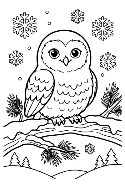 Ausmalbild Schneeeule im Winter mit Schneeflocken, Ausmalbilder Eule kostenlos