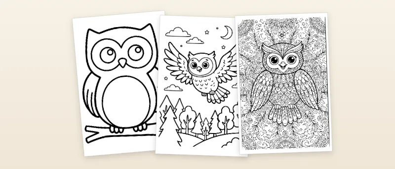 Ausmalbilder Eule: Eule mit großen Augen, Eule im Flug und Eulen-Mandala