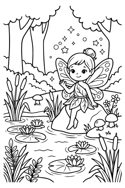 Fee am Waldteich mit Schilf und Seerosen – Ausmalbilder Fee für Kinder
