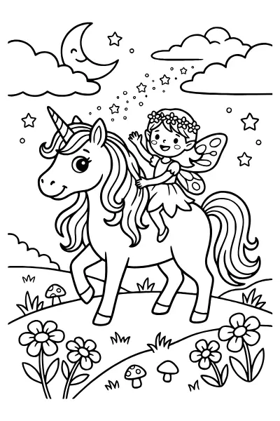 Fee reitet auf einem Einhorn – Ausmalbilder Fee und Einhorn zum Ausdrucken