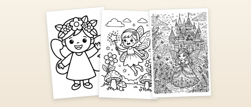 Ausmalbilder Fee: Fee mit Blumenkranz, Fee mit Zauberstab und Prinzessin Fee mit Schloss