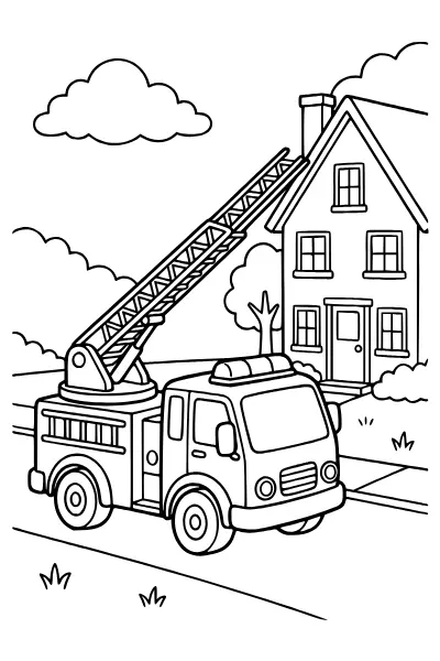 Drehleiter am Haus als Ausmalbilder Feuerwehr für Schulkinder
