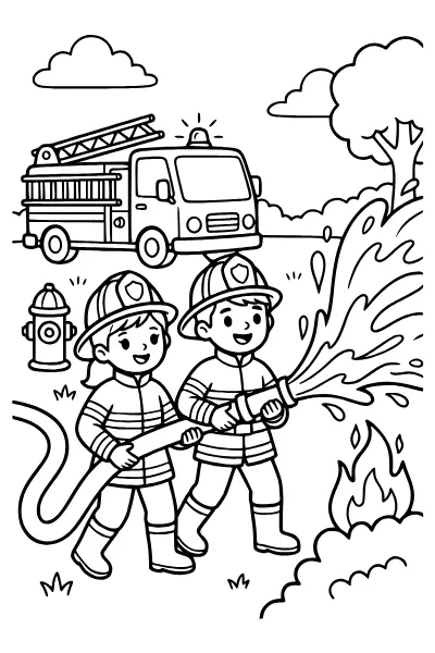 Feuerwehrleute beim Löschen als Ausmalbilder Feuerwehr zum Ausmalen