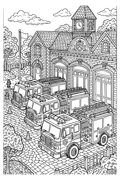 Feuerwehrauto-Kolonne vor der Wache als Ausmalbilder Feuerwehr