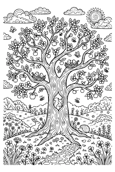 Apfelbaum in voller Blüte zum Ausmalen – Ausmalbilder Frühling