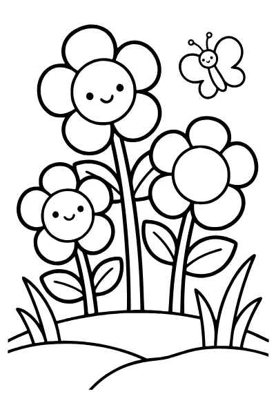 Blumenwiese mit drei großen Blüten zum Ausmalen – Ausmalbilder Frühling