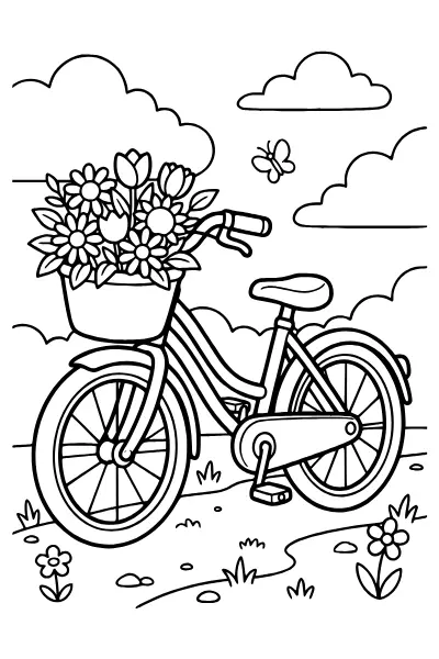 Fahrrad mit Blumenkorb zum Ausmalen – Ausmalbilder Frühling