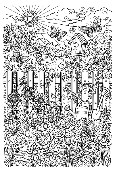 Garten mit Beet und Zaun zum Ausmalen – Ausmalbilder Frühling