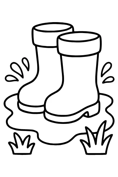 Gummistiefel in der Pfütze zum Ausmalen – Ausmalbilder Frühling