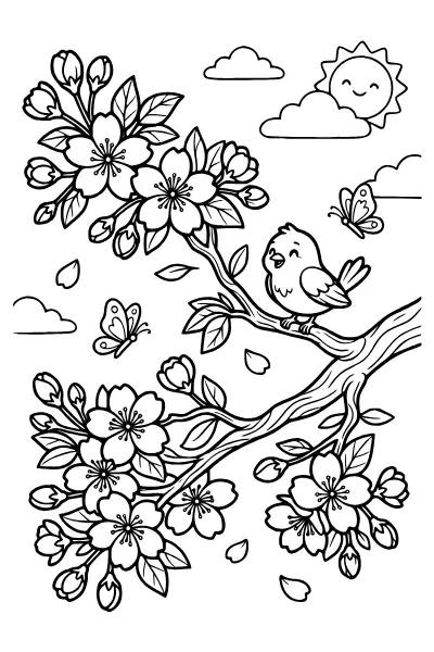 Kirschblütenzweig zum Ausmalen – Ausmalbilder Frühling