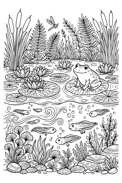 Teich mit Frosch und Kaulquappen zum Ausmalen – Ausmalbilder Frühling