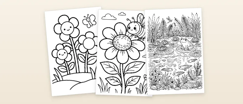 Ausmalbilder Frühling: Blumenwiese mit drei großen Blüten, Biene an einer großen Blüte und Teich mit Frosch und Kaulquappen