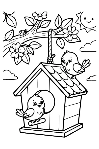 Vogelhaus mit zwei Vögeln zum Ausmalen – Ausmalbilder Frühling