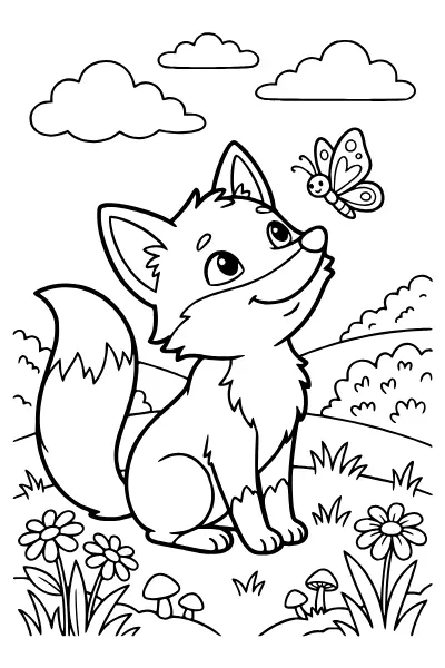 Ausmalbilder Fuchs: Fuchs mit Schmetterling zum Ausmalen