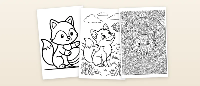 Ausmalbilder Fuchs: Fuchs mit Ball, Fuchs mit Schmetterling und Fuchs-Mandala