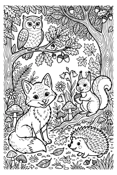Ausmalbilder Fuchs mit Waldtieren zum Ausmalen