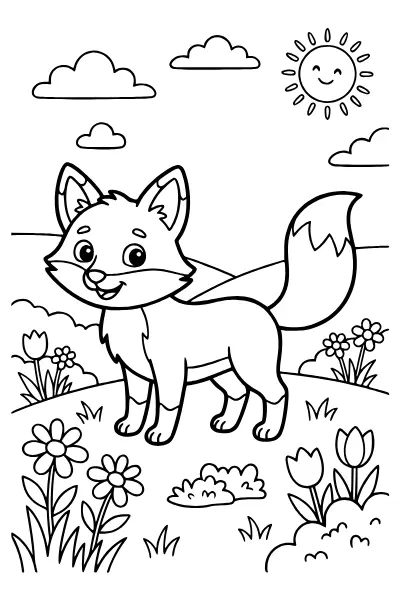 Ausmalbilder Fuchs: Fuchs auf der Wiese zum Ausmalen