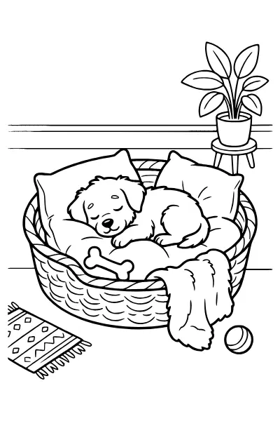 Hund im Körbchen – Ausmalbilder für Kleinkinder zum Ausdrucken