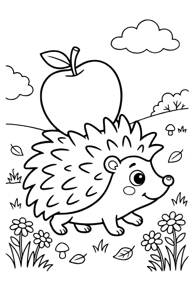 Igel mit Apfel – Ausmalbilder für Kleinkinder zum Ausdrucken