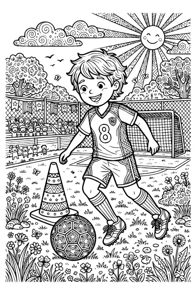 Ausmalbilder Fußball: Dribbling-Szene zum Ausmalen