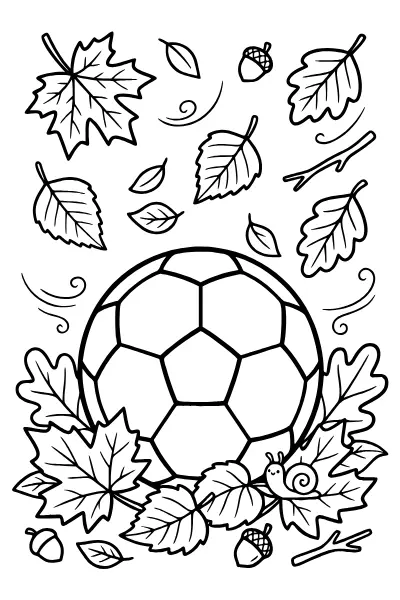 Ausmalbilder Fußball: Ball zwischen Herbstblättern zum Ausmalen