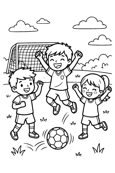 Ausmalbilder Fußball: jubelnde Kinder zum Ausmalen