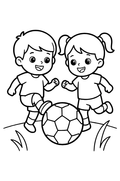 Ausmalbilder Fußball: Kinder beim Kicken zum Ausmalen