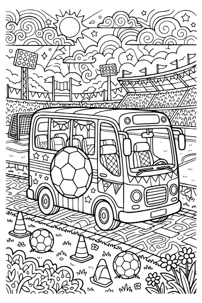 Ausmalbilder Fußball: Mannschaftsbus mit Ballmuster zum Ausmalen