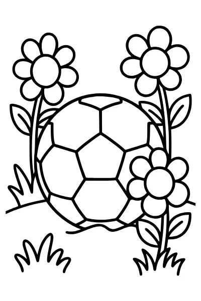 Ausmalbilder Fußball: Wiese mit Ball und Blumen zum Ausmalen