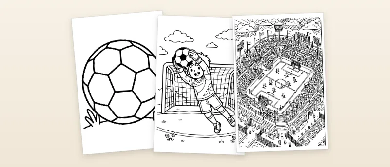 Ausmalbilder Fußball: Großer Ball, Torwart hält den Ball und Stadion mit Zuschauerrängen