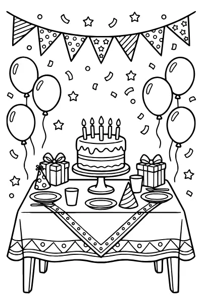 Geburtstagstisch mit Torte und Girlande – Ausmalbilder Geburtstag zum Ausdrucken
