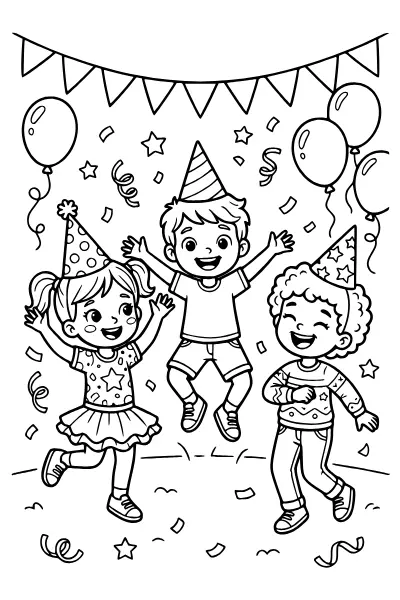 Feiernde Kinder mit Partyhüten – Ausmalbilder Geburtstag zum Ausmalen