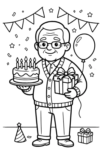 Opa mit Torte, Geschenk und Luftballon – Ausmalbilder Geburtstag für Opa