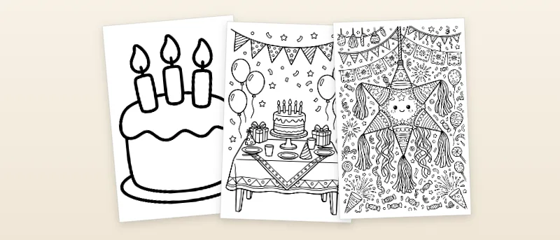Ausmalbilder Geburtstag: Geburtstagstorte mit drei Kerzen, Geburtstagstisch mit Torte und Girlande und Piñata mit Sternenmustern und Schleifenband