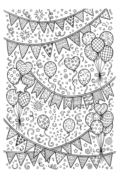 Wimpelkette mit Konfetti und Luftballons – Ausmalbilder Geburtstag zum Ausmalen