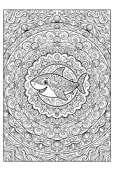 Hai-Mandala mit feinen Wellenmustern – Ausmalbilder Hai zum Entspannen