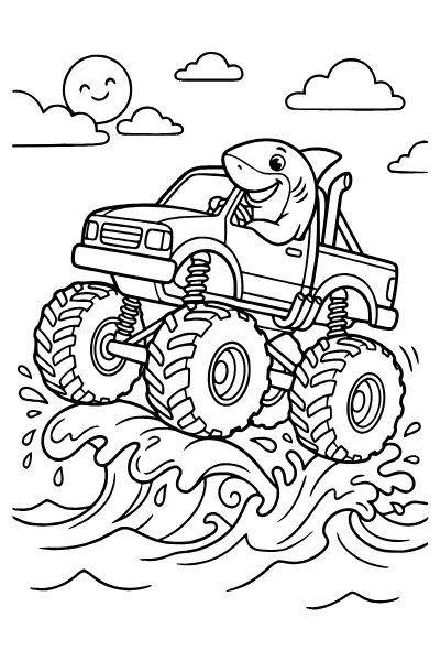 Hai fährt auf dicken Reifen einen Monster-Truck – Ausmalbilder Hai für Kinder