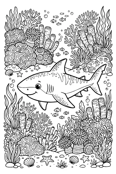 Hai im Korallenriff mit Korallen und kleinen Fischen – Ausmalbilder Hai mit vielen Details