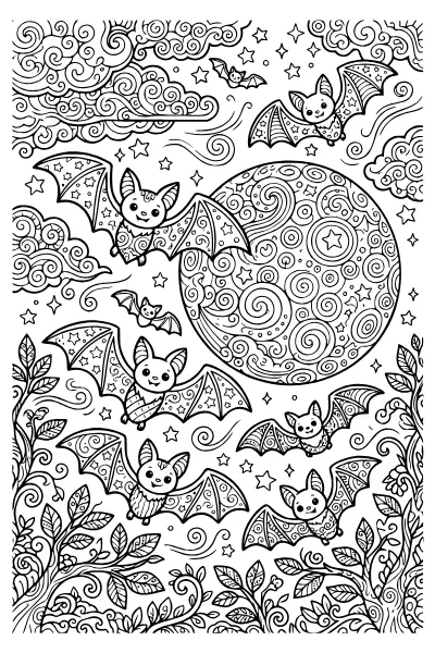 Fledermausschwarm vor dem Vollmond – Ausmalbilder Halloween zum Ausdrucken