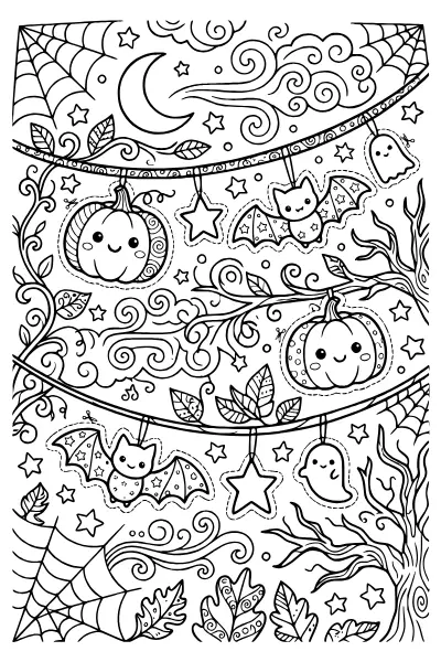 Halloween-Girlande mit Kürbissen und Fledermäusen – Ausmalbilder Halloween zum Ausdrucken