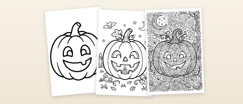 Ausmalbilder Halloween: Kürbis mit Lache, Kürbislaterne mit Kerze und Kürbislaterne mit feinen Schnitzmustern