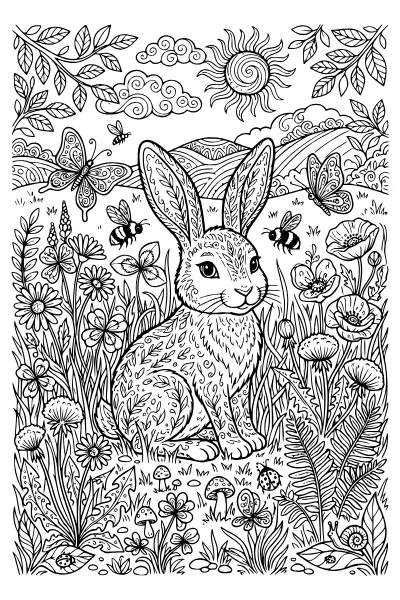 Hase in der Wiesenlandschaft mit Insekten – Ausmalbilder Hase