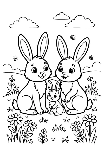 Hasenfamilie auf der Wiese – Ausmalbilder Hase zum Ausdrucken