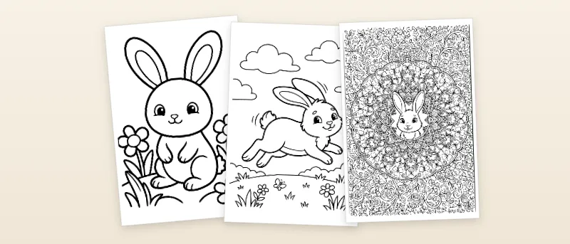 Ausmalbilder Hase: Hase auf der Wiese, Hüpfender Hase und Hase im Kleeblatt-Mandala