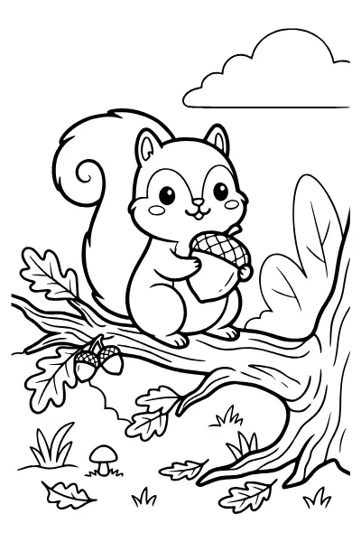 Eichhörnchen mit Nuss – Ausmalbilder Herbst zum Ausdrucken