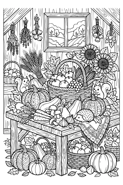 Erntedank-Tafel mit Früchten – Ausmalbilder Herbst zum Ausdrucken