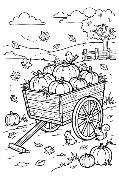 Erntewagen mit Kürbissen – Ausmalbilder Herbst zum Ausdrucken