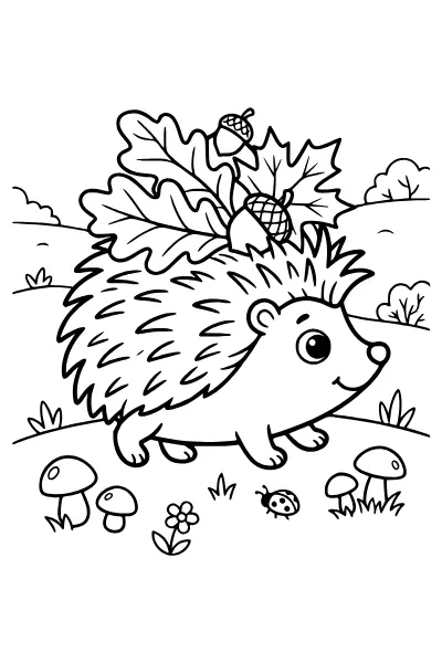 Igel mit Laub – Ausmalbilder Herbst zum Ausdrucken